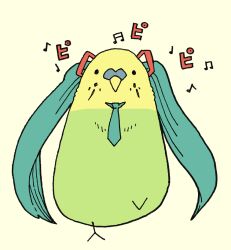 animal animal_focus beamed_sixteenth_notes bird blue_hair blue_necktie borrowed_hairstyle brown_background budgerigar_(bird) commentary_request eighth_note full_body hatsune_miku looking_at_viewer musical_note necktie no_humans original parakeet quarter_note solo twintails vocaloid yukimoto_shuuji_(gurigura)