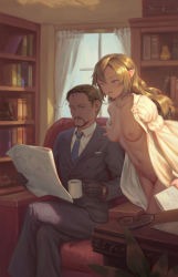 Rule 34 | 1boy, 1girl, beard, bigrbear, blue eyes, breasts, brown hair, curtains, facial hair, highres, holding, holding newspaper, indoors, jewelry, library, long hair, medium breasts, necklace, newspaper, nipples, open clothes, original, pointy ears, short hair, sitting, smile, window