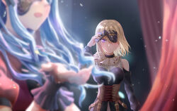 Rule 34 | 2girls, bang dream!, bang dream! it&#039;s mygo!!!!!, black dress, black mask, blonde hair, blue hair, blurry, breasts, brown corset, clothing cutout, commentary request, corset, depth of field, dress, earrings, floating hair, hand up, highres, jewelry, light particles, long hair, long sleeves, looking at another, looking at viewer, mask, masquerade mask, medium breasts, medium hair, misumi uika, multiple girls, open mouth, puffy short sleeves, puffy sleeves, purple eyes, red shirt, shih lion, shirt, short sleeves, shoulder cutout, togawa sakiko