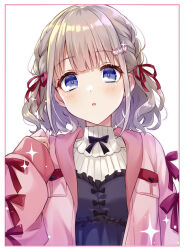 Rule 34 | 1girl, blue eyes, blush, braid, frilled shirt, frills, grey hair, grid background, hair ornament, hair ribbon, heart, heart hair ornament, idolmaster, idolmaster shiny colors, iku2727, jacket, long sleeves, looking at viewer, open clothes, open jacket, open mouth, pink jacket, red ribbon, ribbon, serizawa asahi, shirt, short hair, simple background, solo, sparkle, twin braids, white background