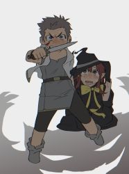 Rule 34 | 1boy, 1girl, bad id, bad pixiv id, black hair, bow, brown hair, child, clenched teeth, cuts, hat, holding, holding sword, holding weapon, injury, looking at another, majo shuukai de aimashou, original, pointy ears, protecting, sagami jon, shadow, sitting, standing, sweat, sword, tears, teeth, weapon, witch, witch hat