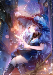 Rule 34 | 1girl, black hat, black legwear, blue dress, blue eyes, blue flower, blue hair, blue rose, boots, breasts, broom, building, city, cleavage, commentary request, curly hair, dress, feet out of frame, flower, hand up, hat, hat flower, high collar, highres, holding, holding umbrella, knee boots, komorihikki, lens flare, long hair, night, original, outdoors, parted lips, rain, rose, sitting, solo, transparent, transparent umbrella, umbrella, very long hair, water drop, wet lens, window, witch hat