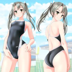 Rule 34 | 1girl, absurdres, arena (company), ass, black one-piece swimsuit, blue sky, breasts, brown eyes, cameltoe, cloud, collarbone, competition swimsuit, covered navel, cowboy shot, from behind, grey hair, grin, hair ribbon, highres, kantai collection, logo, long hair, looking at viewer, looking back, multiple views, one-piece swimsuit, ribbon, sky, small breasts, smile, split theme, swimsuit, takafumi, twintails, white ribbon, zuikaku (kancolle)
