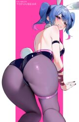 Rule 34 | 1girl, absurdres, animal ears, ass, back, black leotard, blue eyes, blue hair, blush, breasts, detached collar, fake animal ears, fake tail, grin, hatsune miku, highleg, highleg leotard, highres, leotard, looking at viewer, looking back, medium hair, pantyhose, playboy bunny, rabbit ears, rabbit hole (vocaloid), rabbit tail, smile, solo, tail, tofuubear, twintails