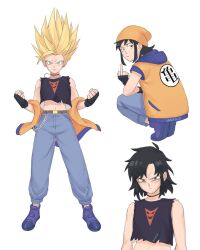 Rule 34 | 1girl, aged up, alternate costume, belt, belt buckle, black choker, blue hoodie, brown belt, buckle, chain, choker, clenched hands, commentary, crop top, denim, dragon ball, dragon ball super, english commentary, fingerless gloves, frown, furrowed brow, gloves, half-closed eyes, highres, hood, hoodie, jacket, jeans, jenxd d, medium hair, middle finger, midriff, multiple views, navel, orange headwear, orange jacket, pan (dragon ball), pants, punk, shirt, sidelocks, signature, smile, spiked hair, squatting, super saiyan, torn clothes, torn shirt