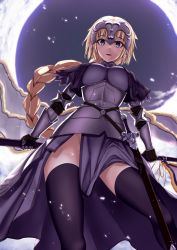 Rule 34 | 1girl, :d, armor, armored dress, blonde hair, blue eyes, blush, braid, breasts, capelet, enchuu, fate/grand order, fate (series), flagpole, gauntlets, headpiece, highres, jeanne d&#039;arc (fate), jeanne d&#039;arc (ruler) (fate), light blush, long hair, looking at viewer, looking down, medium breasts, open mouth, scabbard, sheath, single braid, smile, solo, standing, sword, thighhighs, very long hair, weapon
