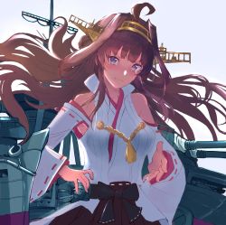 Rule 34 | 1girl, ahoge, brown hair, commentary request, detached sleeves, double bun, eriyama e, hair bun, hairband, hands on own hips, headgear, highres, kantai collection, kongou (kancolle), kongou kai ni (kancolle), long hair, looking at viewer, machinery, popped collar, purple eyes, ribbon-trimmed sleeves, ribbon trim, simple background, solo, white background
