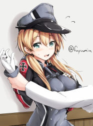Rule 34 | 10s, 1girl, against wall, blonde hair, blush, cross, flying sweatdrops, fuyu mi, gloves, grabbing, hair ornament, hat, holding another&#039;s wrist, iron cross, kantai collection, long hair, military, military uniform, peaked cap, prinz eugen (kancolle), solo focus, twintails, uniform