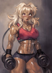 Rule 34 | 1girl, abs, blonde hair, collarbone, contrapposto, cosmic break, dumbbell, exercising, fang, flareleon, heavy breathing, long hair, midriff, muscular, muscular female, navel, red eyes, solo, sweat, thick eyebrows, wavy hair, weights, yilx