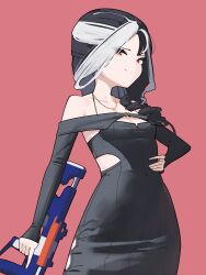 Rule 34 | absurdres, alternate breast size, bare shoulders, black dress, black hair, breasts, cleavage, clothing cutout, covered navel, dress, gloomyowl, goddess of victory: nikke, highres, holding, holding weapon, jewelry, long hair, looking at viewer, multicolored hair, necklace, off-shoulder dress, off shoulder, official alternate costume, parted hair, red eyes, rosanna (nikke), small breasts, smile, split-color hair, tattoo, weapon, white hair