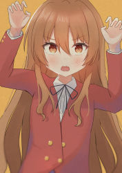 Rule 34 | 1girl, absurdres, aisaka taiga, arms up, black ribbon, blazer, blush, brown eyes, brown hair, buttoned cuffs, buttons, claw pose, collared shirt, commentary, cynic (cynic2324), double-breasted, fang, hair between eyes, highres, jacket, long hair, long sleeves, looking at viewer, neck ribbon, oohashi high school uniform, open mouth, orange background, red jacket, ribbon, school uniform, shirt, skin fang, solo, toradora!, very long hair, white shirt
