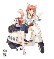 Rule 34 | 1girl, animal ears, blue shorts, blush, braid, breasts, cat ears, cat tail, chicken (food), choker, fried chicken, frilled shirt, frills, from side, gradient hair, green choker, green hair, highres, hololive, hololive english, kfp, looking at viewer, medium breasts, motor vehicle, multicolored hair, open clothes, open shorts, orange hair, purple eyes, ranyu, sandals, scooter, shirt, shorts, smile, solo, tail, takanashi kiara, takanashi kiara (casual), twin braids, vehicle request, virtual youtuber, white footwear, white shirt