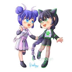 Rule 34 | animal ears, beebeebombam, black footwear, black hair, black pants, blazer, blue eyes, blue hair, braid, cat ears, cat girl, chibi, double bun, dress, green eyes, grey dress, hair bun, highres, holding hands, jacket, lady noir, long hair, marinette dupain-cheng, miraculous ladybug, multimouse (character), open clothes, open jacket, open mouth, pants, shirt, simple background, single braid, slit pupils, smile, white background, white shirt