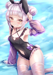 Rule 34 | 1girl, animal ears, arm support, arm up, black one-piece swimsuit, blush, clothing cutout, detached sleeves, double bun, fake animal ears, frilled swimsuit, frills, grey hair, grin, hair bun, highres, hololive, long sleeves, looking at viewer, murasaki shion, navel, navel cutout, one-piece swimsuit, rabbit ears, short hair, sidelocks, sitting, smile, solo, swimsuit, thighhighs, thighs, virtual youtuber, wet, white thighhighs, yellow eyes, yuano