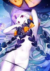 Rule 34 | 1girl, abigail williams (fate), abigail williams (third ascension) (fate), arm up, black bow, black panties, bow, breasts, colored skin, fate/grand order, fate (series), highres, keyhole, light particles, long hair, lowleg, lowleg panties, lying, navel, on back, open mouth, orange bow, panties, parted bangs, pink eyes, polka dot, polka dot bow, small breasts, solo, stomach, third eye, underwear, very long hair, white hair, white skin, yamacchi