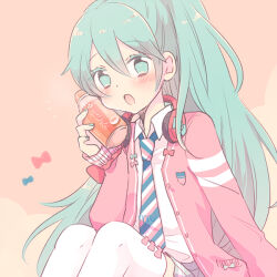 Rule 34 | 1girl, azurite0012, blue eyes, blue hair, blush, bottle, bottle to cheek, bow, cardigan, collared shirt, hatsune miku, headphones, headphones around neck, holding, holding bottle, long hair, long sleeves, looking at viewer, nail polish, necktie, open mouth, ponytail, project diva (series), ribbon girl (module), shirt, sitting, skirt, sleeves past wrists, solo, striped necktie, thighhighs, tie clip, very long hair, vocaloid