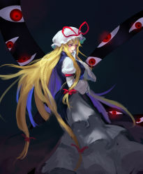 Rule 34 | 1girl, arm garter, arm strap, black background, blonde hair, bow, commentary request, dark, dress, finger to mouth, floating hair, full body, gap (touhou), gloves, glowing, glowing eyes, hair ribbon, hand to own mouth, hand up, hat, hat ribbon, high collar, inishie kumo, juliet sleeves, layered dress, long hair, long sleeves, looking at viewer, looking to the side, low-tied long hair, mob cap, multi-tied hair, one-hour drawing challenge, parted lips, pink eyes, puffy sleeves, purple eyes, red bow, red eyes, red ribbon, ribbon, sidelocks, smirk, solo, tabard, touhou, very long hair, white dress, white gloves, white hat, yakumo yukari