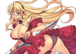 Rule 34 | 1girl, ass, bare shoulders, black hairband, blonde hair, blue eyes, blush, bracelet, breasts, cleavage, collarbone, cowboy shot, detached sleeves, dress, freezing (series), frilled skirt, frills, from side, glasses, hair between eyes, hairband, high heels, highres, holding, holding weapon, jewelry, kim kwang hyun, large breasts, long hair, looking at viewer, necklace, nipple slip, nipples, no bra, off shoulder, official art, one breast out, open mouth, panties, pantyshot, parted lips, purple panties, red dress, satellizer el bridget, semi-rimless eyewear, shoes, short sleeves, simple background, skirt, solo, strap slip, sword, topless, twisted torso, under-rim eyewear, underwear, very long hair, weapon, white background, white footwear