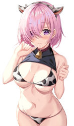 Rule 34 | 1girl, alternate costume, animal ears, animal print, bare shoulders, bell, bikini, blush, breasts, cleavage, collar, cow ears, cow horns, cow print, fate/grand order, fate (series), hair over one eye, hairband, harimoji, horns, large breasts, light purple hair, looking at viewer, mash kyrielight, navel, neck bell, purple eyes, short hair, simple background, smile, swimsuit, white background, white bikini