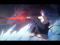 Rule 34 | 1girl, anime coloring, arknights, black gloves, black jacket, blood, blood on face, blue hair, ch&#039;en (arknights), city, closed mouth, collared shirt, cuts, dadijiji, dragon, dragon horns, floating hair, from side, gloves, glowing, glowing sword, glowing weapon, highres, holding, holding sword, holding weapon, horns, ice, injury, jacket, letterboxed, long hair, off shoulder, outdoors, profile, red eyes, shirt, sleeveless, sleeveless shirt, solo, standing, sword, twintails, weapon, white shirt
