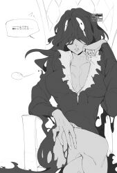 Rule 34 | 1girl, black dress, black hair, bleach, bleach: sennen kessen-hen, breasts, breasts apart, collarbone, commentary request, cowboy shot, cropped legs, crossed legs, dress, frown, genderswap, genderswap (mtf), greyscale, hair over eyes, hand on own thigh, hand up, highres, large breasts, long hair, long sleeves, monochrome, ovasayuri, parted lips, puff of air, simple background, sitting, sitting on throne, solo, speech bubble, translation request, twitter username, white background, yhwach