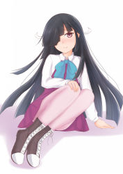 Rule 34 | 10s, 1girl, black hair, collared shirt, cross-laced footwear, hair over one eye, hayashimo (kancolle), highres, kantai collection, karuba (therace), long hair, long sleeves, pantyhose, pink background, pink skirt, red eyes, shirt, shoelaces, simple background, skirt, solo, tsurime, two-tone background, very long hair, vest, white background, white shirt