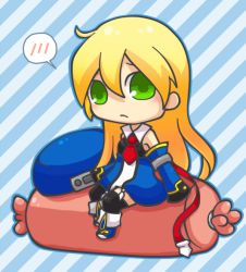Rule 34 | ..., 1girl, arc system works, bad id, bad pixiv id, beret, black thighhighs, blazblue, blonde hair, chibi, food, green eyes, hat, long hair, noel vermillion, sausage, sitting, solo, striped, striped background, thighhighs