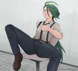 Rule 34 | 1girl, adjusting clothes, adjusting necktie, androgynous, chair, creatures (company), game freak, green hair, kalruna, looking at viewer, necktie, nintendo, office chair, pokemon, pokemon sv, reverse trap, rika (pokemon), spread legs, suspenders, swivel chair, thick thighs, thighs