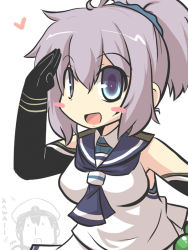Rule 34 | 1boy, 1girl, admiral (kancolle), alternate costume, aoba (kancolle), bare shoulders, blue eyes, blush stickers, commentary, cosplay, elbow gloves, gloves, goma (gomasamune), heart, high ponytail, kantai collection, pink hair, salute, samidare (kancolle) (cosplay), scrunchie, short ponytail, simple background, solo focus, suzukaze (kancolle), suzukaze (kancolle) (cosplay), translated