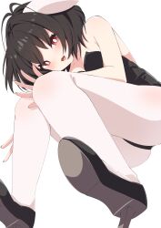 Rule 34 | 1girl, animal ears, ass, black footwear, black hair, black leotard, blush, collarbone, fang, fingernails, from below, high heels, highres, inaba tewi, leotard, open mouth, pantyhose, rabbit ears, red eyes, short hair, simple background, skin fang, smile, solo, strapless, strapless leotard, touhou, tsukimirin, white background, white pantyhose