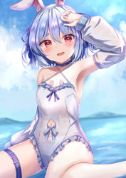 Rule 34 | 1girl, animal ear fluff, animal ears, arm up, bare legs, blue choker, blue hair, blue ribbon, blush, choker, clothing cutout, detached sleeves, extra ears, frilled swimsuit, frills, hair between eyes, hair ribbon, highres, hololive, long sleeves, looking at viewer, navel cutout, one-piece swimsuit, open mouth, rabbit-shaped pupils, rabbit ears, red eyes, ribbon, short eyebrows, sitting, solo, swimsuit, symbol-shaped pupils, thick eyebrows, thigh strap, thighs, two side up, usada pekora, virtual youtuber, yuano