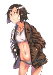 Rule 34 | 1girl, bandage on face, bandages, bandaid, bandaid on face, black eyes, black hair, bra, brave witches, brown jacket, closed mouth, collarbone, commentary, cowboy shot, frown, gluteal fold, grey bra, grey panties, hamushima, hands in pockets, jacket, kanno naoe, leaning forward, looking at viewer, navel, open clothes, open jacket, panties, short hair, simple background, solo, sports bra, standing, underwear, white background, world witches series