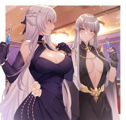 Rule 34 | 2girls, absurdres, alcohol, azur lane, bare shoulders, belfast (azur lane), belfast (the noble attendant) (azur lane), black gloves, blush, border, breasts, champagne flute, cleavage, cleavage cutout, clothing cutout, cup, detached sleeves, dress, drinking glass, enterprise (azur lane), enterprise (heroic finery) (azur lane), evening gown, fingerless gloves, gloves, hair ribbon, highres, indoors, large breasts, long hair, looking at another, multiple girls, official alternate costume, pnatsu, purple eyes, ribbon, silver hair, white border