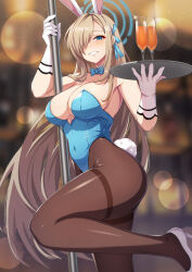 Rule 34 | 1girl, animal ears, asuna (blue archive), asuna (bunny) (blue archive), black pantyhose, blonde hair, blue archive, blue bow, blue bowtie, blue eyes, blue leotard, blush, bow, bowtie, breasts, cleavage, detached collar, fake animal ears, fake tail, foot out of frame, gloves, hair over one eye, halo, high heels, highres, holding, holding pole, holding tray, large breasts, legs, leotard, long hair, looking at viewer, official alternate costume, pantyhose, playboy bunny, pole, solo, tail, tray, very long hair, vococo, white footwear, white gloves