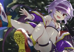 Rule 34 | 1girl, akisome hatsuka, bat wings, blurry, blurry background, breasts, happy, jacket, one eye closed, open mouth, outdoors, pointy ears, purple hair, purple jacket, remilia scarlet, small breasts, solo, summer, swimsuit, teeth, thigh strap, thighs, touhou, tree, upper teeth only, wings