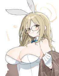 Rule 34 | 1girl, akane (blue archive), akane (bunny) (blue archive), animal ears, blue archive, blush, bow, bowtie, breasts, brown eyes, cleavage, closed mouth, detached collar, fake animal ears, glasses, gloves, halo, heart, highres, kokaki mumose, large breasts, leotard, light brown hair, long hair, looking at viewer, playboy bunny, rabbit ears, shawl, simple background, solo, strapless, strapless leotard, upper body, white background, white gloves, white leotard