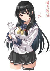 Rule 34 | 1girl, black hair, black skirt, black thighhighs, blue sailor collar, buttons, cropped legs, ebifurya, gloves, hair ribbon, highres, isokaze (kancolle), kantai collection, long hair, long sleeves, one-hour drawing challenge, pleated skirt, red eyes, red ribbon, ribbon, sailor collar, school uniform, serafuku, sidelocks, simple background, single thighhigh, skirt, smile, solo, thighhighs, tress ribbon, twitter username, white background, white gloves