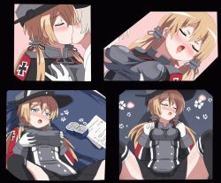Rule 34 | 10s, 1boy, 1girl, admiral (kancolle), anchor hair ornament, animated, animated gif, aqua eyes, black thighhighs, blonde hair, blush, bouncing breasts, grabbing another&#039;s breast, breast sucking, breast sucking through clothes, breasts, brown hair, closed eyes, cross, gloves, grabbing, grabbing own breast, green eyes, hair ornament, hangaku, hat, unworn hat, unworn headwear, hetero, implied sex, iron cross, jewelry, jewelry box, kantai collection, kiss, light brown hair, long hair, low twintails, lying, medium breasts, military, military uniform, missionary, on back, open mouth, ornate ring, peaked cap, pleated skirt, prinz eugen (kancolle), revision, ring, ring box, skirt, thighhighs, twintails, uniform, wedding ring, white gloves