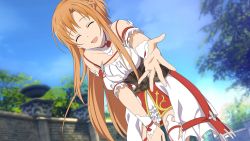 Rule 34 | 1girl, :d, ^ ^, arm strap, asuna (sao), bad id, bad yandere id, bent over, blue sky, blurry, blurry background, braid, breasts, brown hair, closed eyes, collarbone, day, detached collar, facing viewer, floating hair, french braid, from below, game cg, hair between eyes, hand on lap, highres, layered skirt, long hair, medium breasts, miniskirt, open mouth, outdoors, pov, reaching, reaching towards viewer, skirt, sky, smile, solo, sword art online, sword art online: hollow realization, underbust, very long hair, wallpaper, white skirt