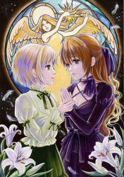 Rule 34 | 2girls, acrylic paint (medium), angel, angel wings, art nouveau, bad id, bad pixiv id, black dress, blonde hair, blue eyes, bow, breasts, brown eyes, brown hair, choker, cleavage, dress, eye contact, feathers, flower, hair bow, hair ribbon, holding hands, lily (flower), long hair, long sleeves, looking at another, multiple girls, original, own hands together, painting (medium), profile, ribbon, ribbon choker, sad, short hair, skirt, toyoda izumi, traditional media, wavy hair, wings, yuri