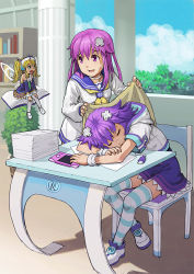 Rule 34 | 10s, 3girls, blanket, blonde hair, blue eyes, book, bookshelf, chair, closed eyes, cloud, collar, d-pad, day, desk, dress, fairy, full body, hair ornament, handheld game console, histoire, holding, jacket, long hair, looking at another, multiple girls, nepgear, neptune (neptunia), neptune (series), open book, open mouth, paper, paper stack, plant, purple eyes, purple hair, sailor dress, scolding, segamark, shoes, short hair, short sleeves, siblings, sisters, sitting, skirt, sky, sleeping, striped clothes, striped legwear, striped thighhighs, sweatdrop, thighhighs, wings