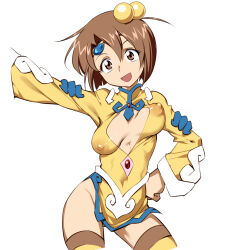 Rule 34 | 1girl, breasts, brown eyes, brown hair, circlet, covered erect nipples, cowboy shot, funnyari, hair bobbles, hair ornament, medium breasts, norma beatty, open mouth, short hair, smile, solo, tales of (series), tales of legendia, thighhighs, unaligned breasts, white background