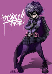 Rule 34 | 1girl, belt, black gloves, blue eyes, bob cut, boots, cape, crossed arms, domino mask, frown, full body, gloves, hit-girl, jacket, jinbei, kick-ass, mask, plaid, plaid skirt, pouch, purple hair, serious, skirt, solo, superhero costume