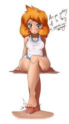 Rule 34 | 00s, 1girl, alternate costume, artist request, barefoot, blue eyes, blush, breasts, covered erect nipples, creatures (company), curvy, disembodied penis, english text, feet, footjob, game freak, green eyes, gym leader, highres, long hair, looking at viewer, misty (pokemon), nintendo, non-web source, one-piece swimsuit, orange hair, penis, pokemon, pokemon hgss, precum, rf (4chan), sitting, skin tight, small breasts, solo, solo focus, stepped on, swimsuit, thick thighs, thighs, toes, uncensored, wide hips
