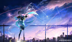 Rule 34 | 1girl, absurdres, aqua skirt, black hairband, black jacket, cityscape, collared shirt, cropped jacket, firefly (honkai: star rail), fireworks, floating hair, grey hair, hairband, highres, holding, holding fireworks, honkai: star rail, honkai (series), jacket, long hair, long sleeves, neckerchief, night, night sky, open mouth, outstretched arms, shirt, shooting star, skirt, sky, smile, solo, thighhighs, two-tone eyes, yellow neckerchief, yunmouzibizhong