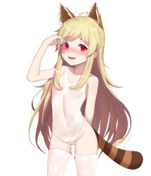 Rule 34 | 1girl, :d, animal ears, arm behind back, arm up, bad id, bad pixiv id, bare arms, bare shoulders, blonde hair, blush, cameltoe, casual one-piece swimsuit, collarbone, condom, fang, fingernails, groin, highleg, highleg swimsuit, highres, holding, holding condom, kuki panda (wkdwnsgk13), long hair, looking at viewer, nose blush, one-piece swimsuit, open mouth, pussy juice, red eyes, sidelocks, simple background, smile, solo, soulworker, stella unibell, striped tail, swimsuit, tail, thighhighs, used condom, very long hair, white background, white one-piece swimsuit, white thighhighs