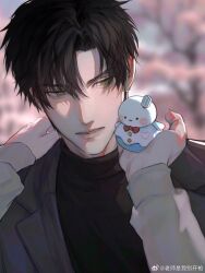 Rule 34 | 1boy, 1girl, black coat, black hair, black sweater, coat, green eyes, highres, holding, holding toy, love and deepspace, male focus, parted lips, protagonist (love and deepspace), shirt, short hair, sweater, toy, white shirt, zayne (love and deepspace)