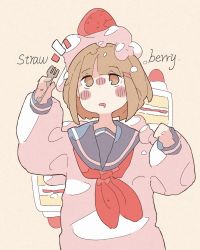 Rule 34 | 1girl, blue sailor collar, blush, brown eyes, brown hair, cake, drooling, english text, food, food on head, fork, fruit, hand up, haru57928031, highres, holding, holding fork, long sleeves, mouth drool, neckerchief, no nose, object on head, original, red neckerchief, sailor collar, shirt, solo, strawberry, strawberry shortcake, upper body, white shirt