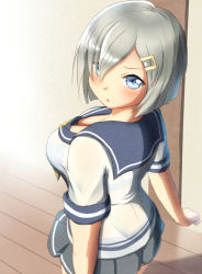Rule 34 | 10s, 1girl, :o, black skirt, blue bra, blue eyes, blush, bra, breasts, cleavage, collarbone, cowboy shot, downblouse, female focus, from above, from behind, hair ornament, hair over one eye, hairclip, hamakaze (kancolle), highres, indoors, kantai collection, large breasts, looking at viewer, maku ro, neckerchief, no legwear, parted lips, pleated skirt, sailor collar, school uniform, see-through, serafuku, short hair, silver hair, skirt, solo, underwear, wooden floor