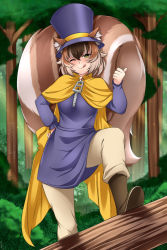 Rule 34 | 1girl, ;), a hat in time, animal ear fluff, animal ears, beige pants, boots, breasts, brown hair, cape, closed mouth, commission, cosplay, ears through headwear, forest, hair between eyes, hand on own hip, hat, hat kid, hat kid (cosplay), lindaroze, long sleeves, looking at viewer, monster girl, monster girl encyclopedia, nature, one eye closed, original, pants, patreon username, purple hat, ratatoskr (monster girl encyclopedia), short hair, smile, solo, squirrel ears, squirrel girl, squirrel tail, tail, thumbs up, tongue, tongue out, top hat, tree, yellow cape, zipper pull tab